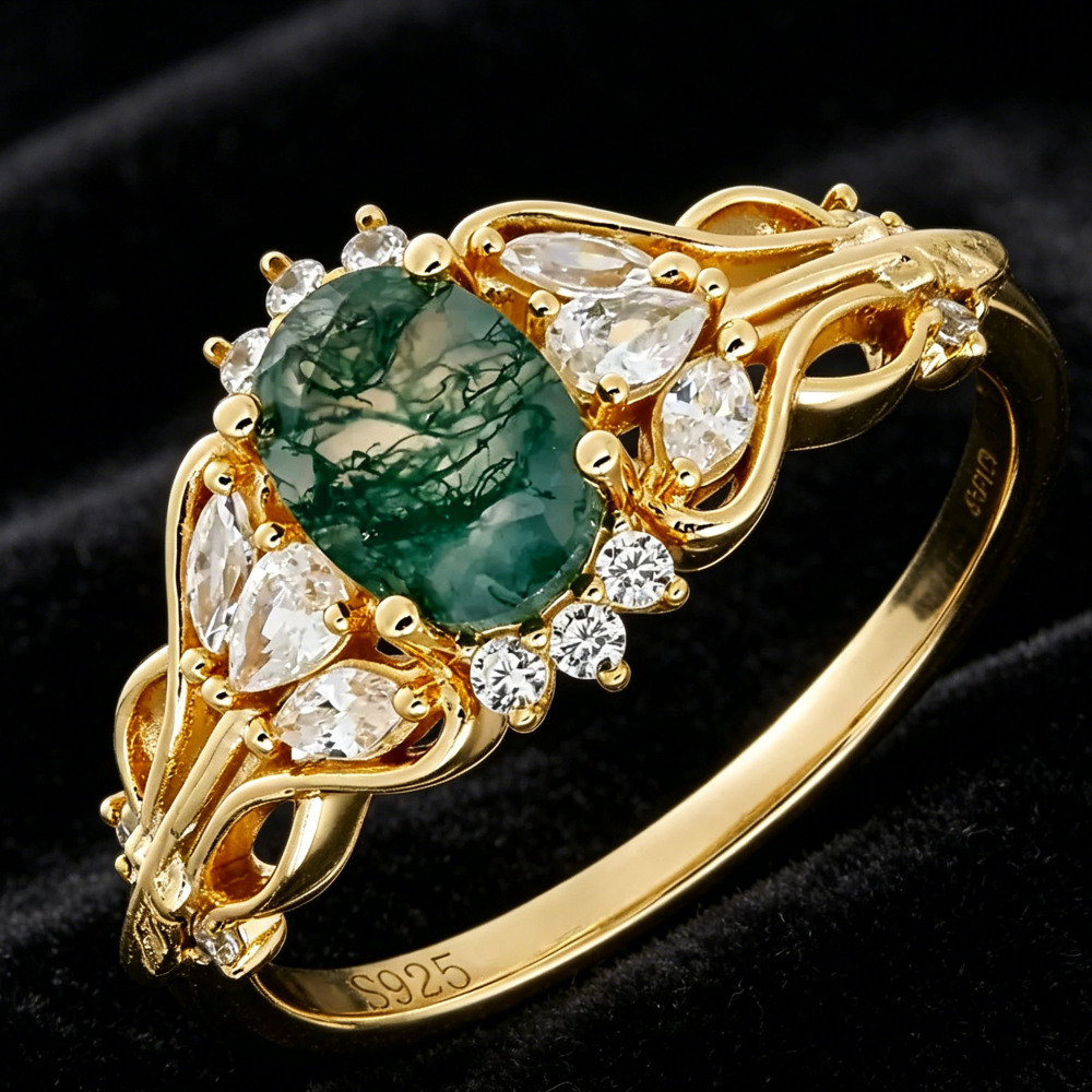 Vintage 14K Gold Plated Moss Agate Engagement Ring with Moissanite Accents, 925 Sterling Silver Statement Ring for Women