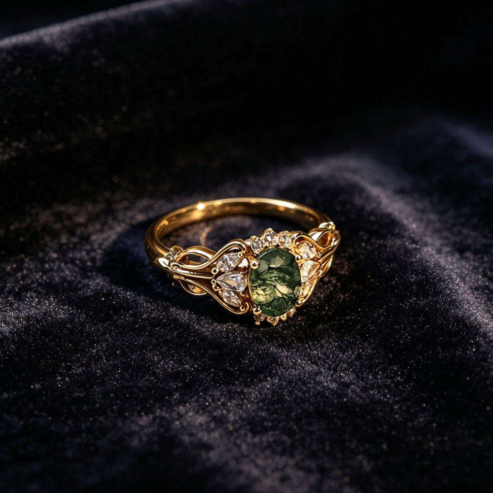 Vintage 14K Gold Plated Moss Agate Engagement Ring with Moissanite Accents, 925 Sterling Silver Statement Ring for Women