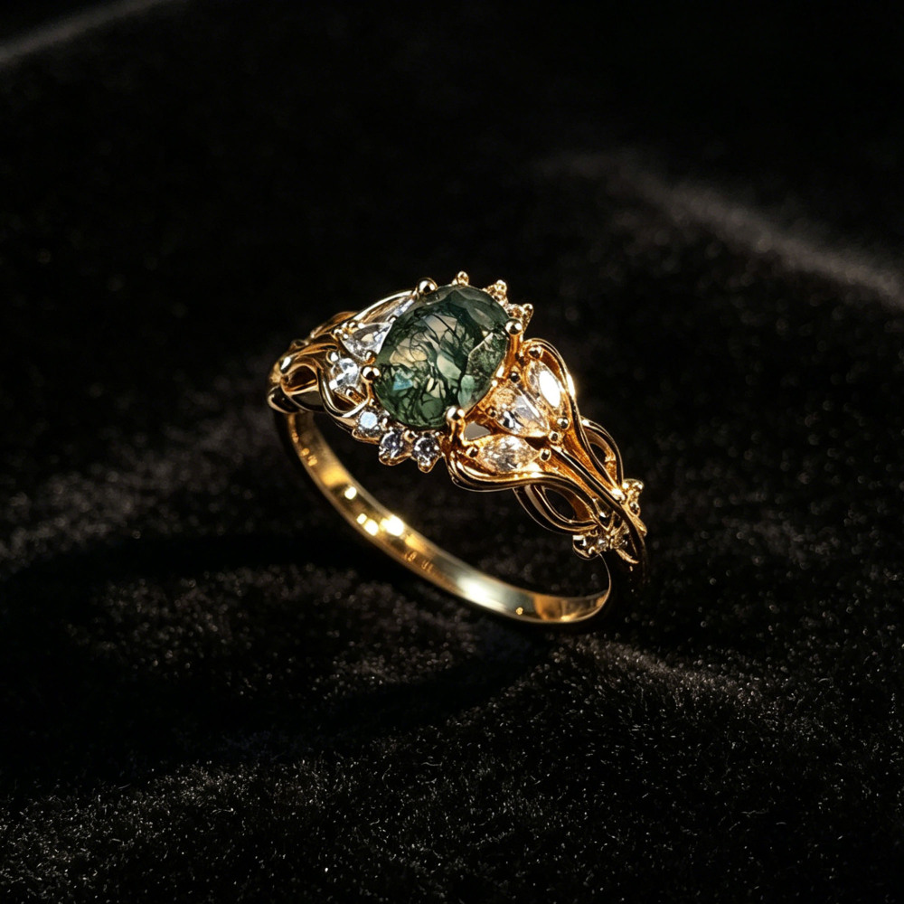 Vintage 14K Gold Plated Moss Agate Engagement Ring with Moissanite Accents, 925 Sterling Silver Statement Ring for Women