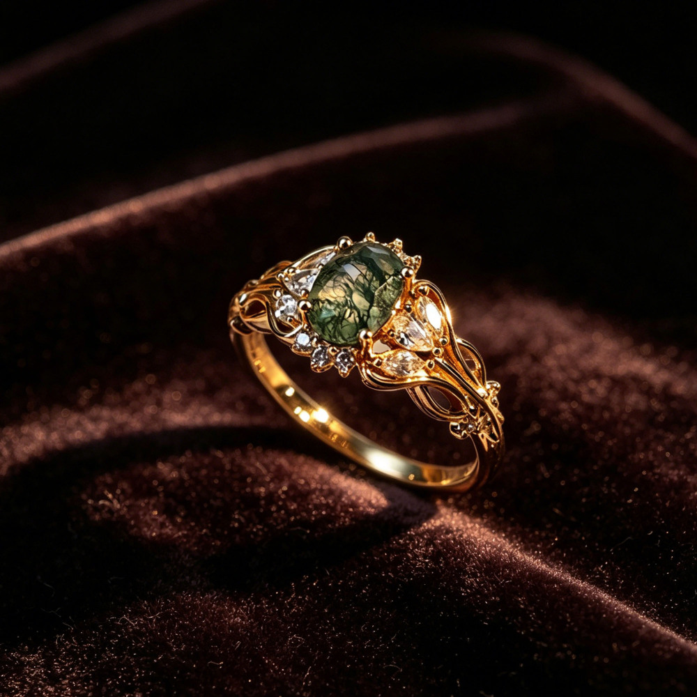 Vintage 14K Gold Plated Moss Agate Engagement Ring with Moissanite Accents, 925 Sterling Silver Statement Ring for Women