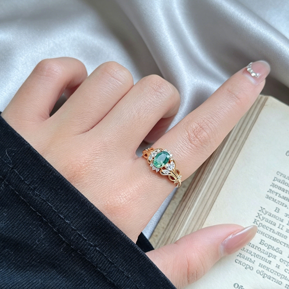 Vintage 14K Gold Plated Moss Agate Engagement Ring with Moissanite Accents, 925 Sterling Silver Statement Ring for Women