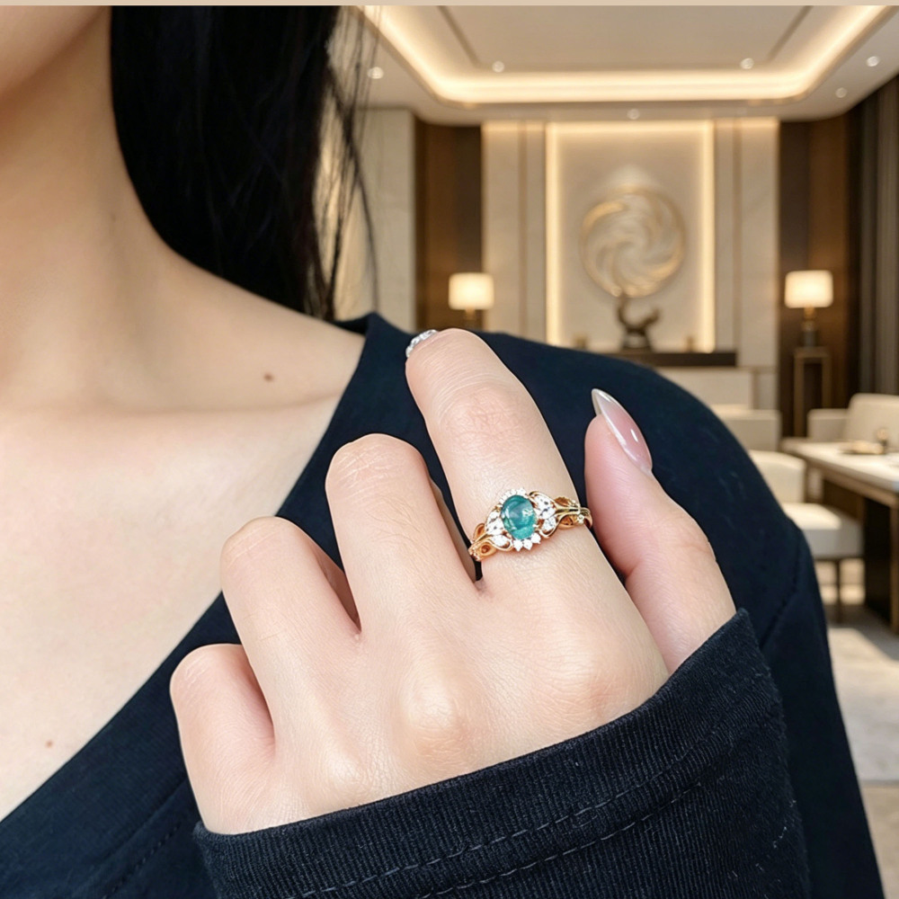 Vintage 14K Gold Plated Moss Agate Engagement Ring with Moissanite Accents, 925 Sterling Silver Statement Ring for Women
