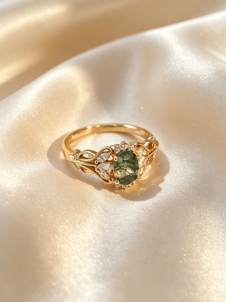 Vintage 14K Gold Plated Moss Agate Engagement Ring with Moissanite Accents, 925 Sterling Silver Statement Ring for Women