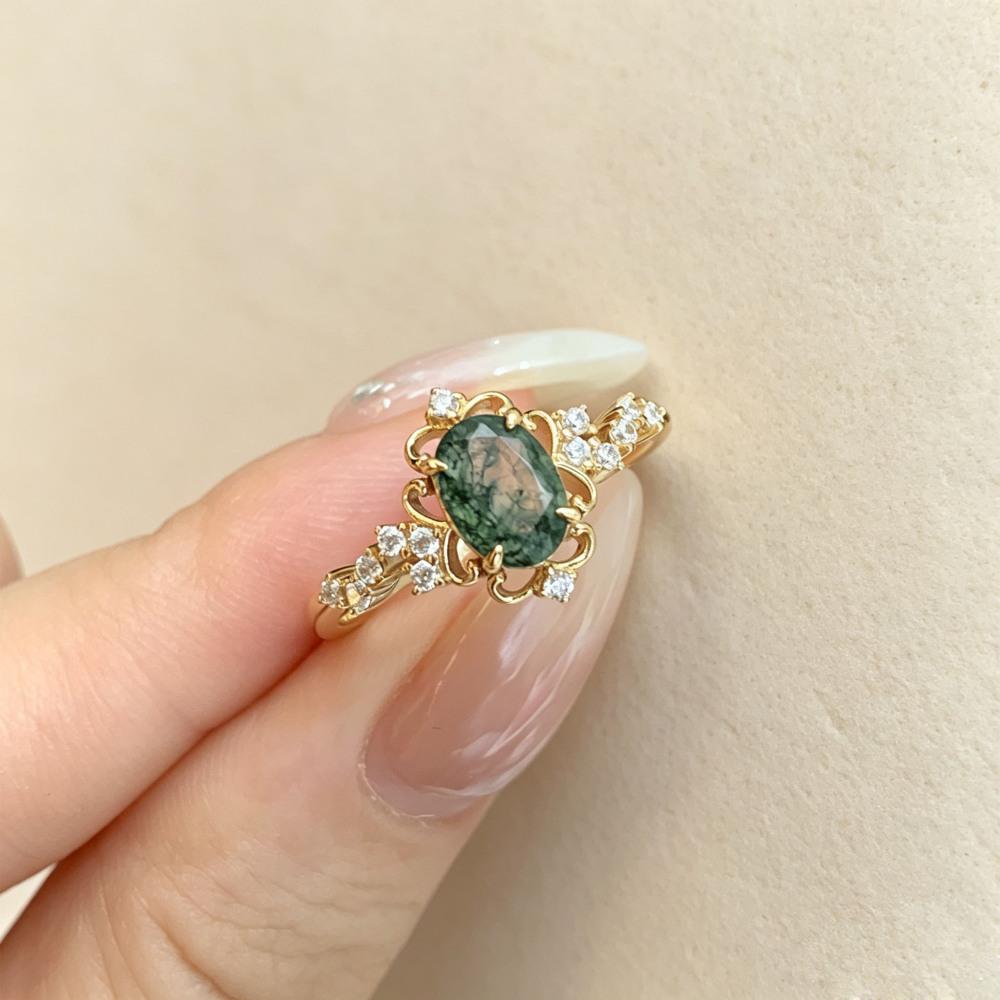 Vintage Filigree Moss Agate Ring | Gold Plated 925 Sterling Silver Oval Green Gemstone Anniversary Jewelry