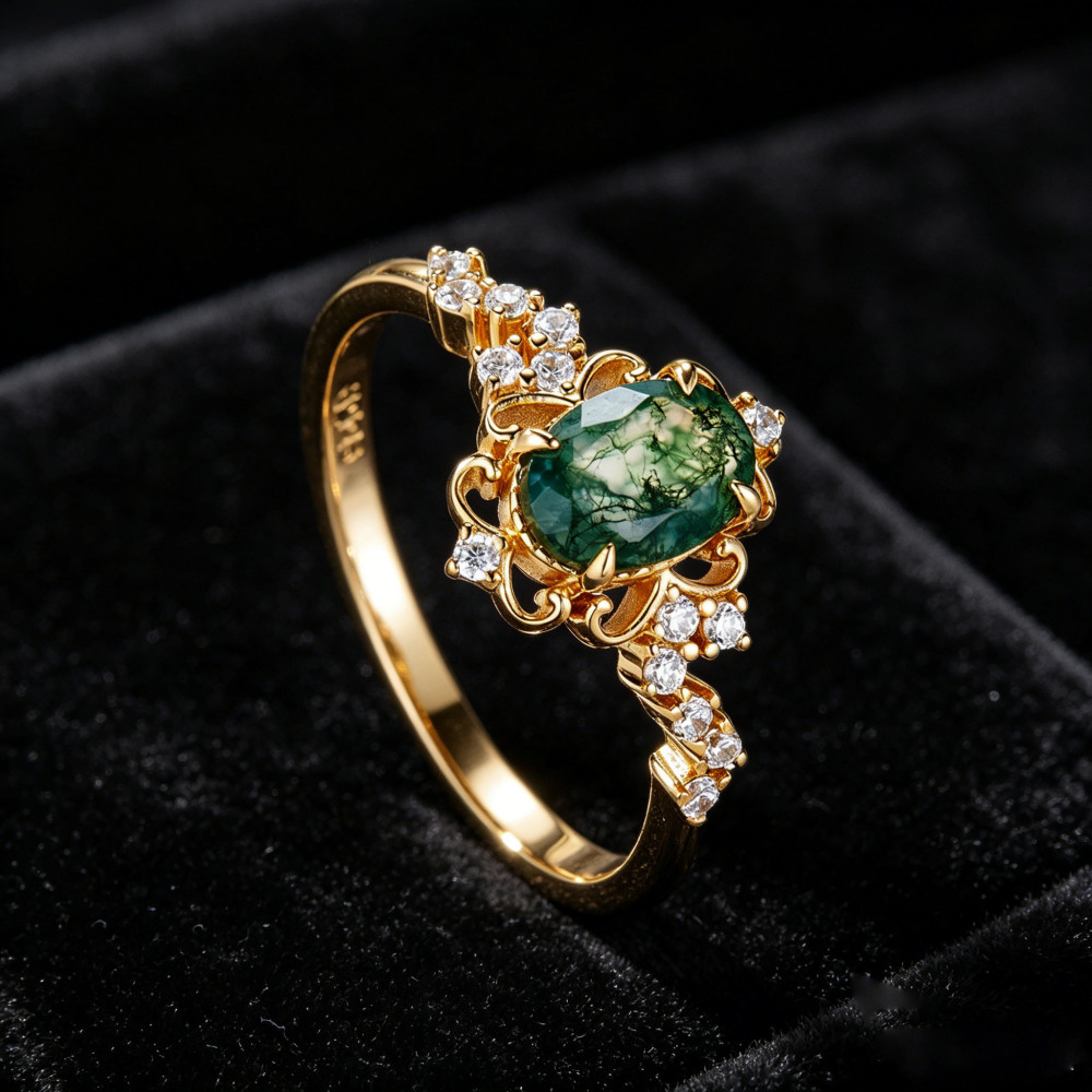 Vintage Filigree Moss Agate Ring | Gold Plated 925 Sterling Silver Oval Green Gemstone Anniversary Jewelry