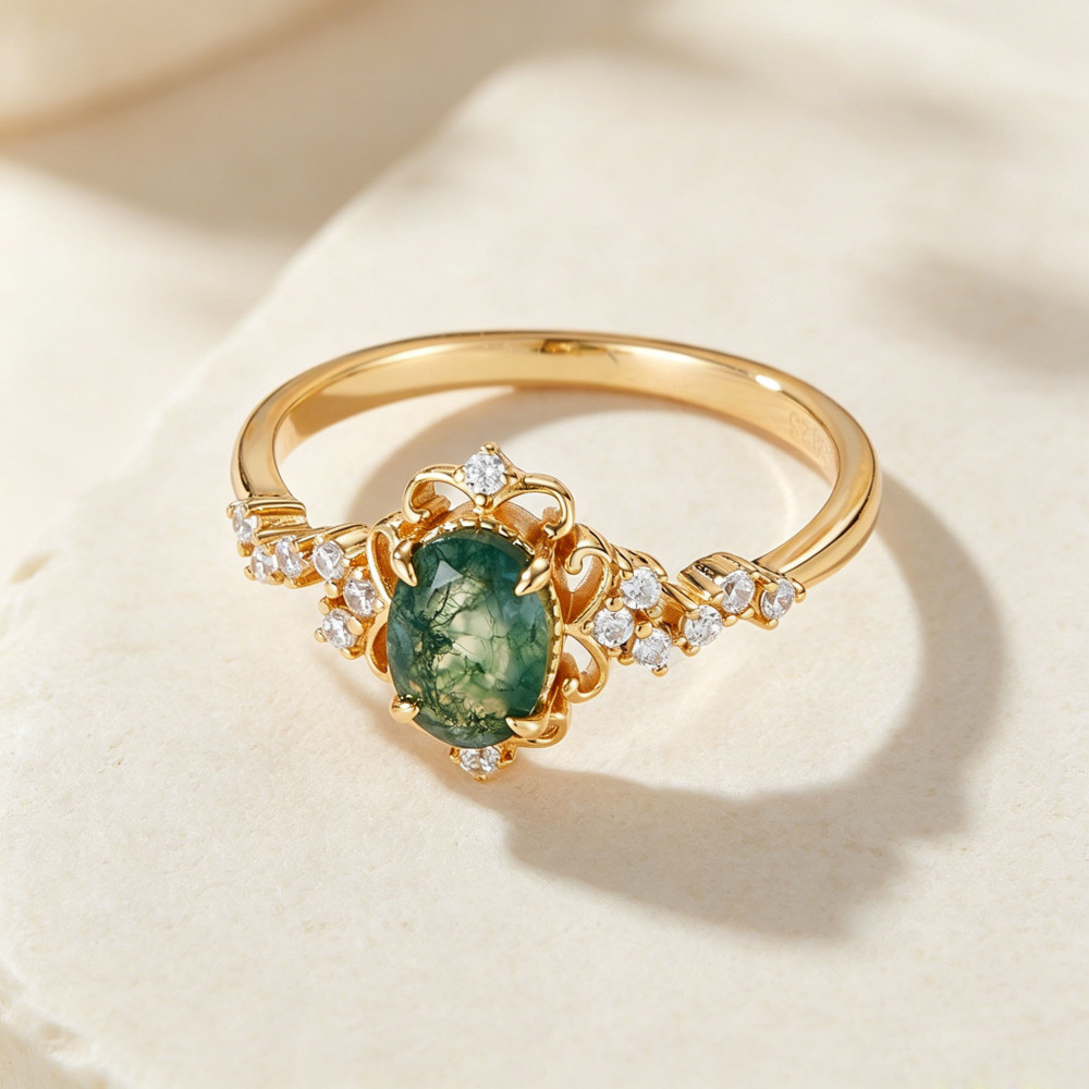 Vintage Filigree Moss Agate Ring | Gold Plated 925 Sterling Silver Oval Green Gemstone Anniversary Jewelry