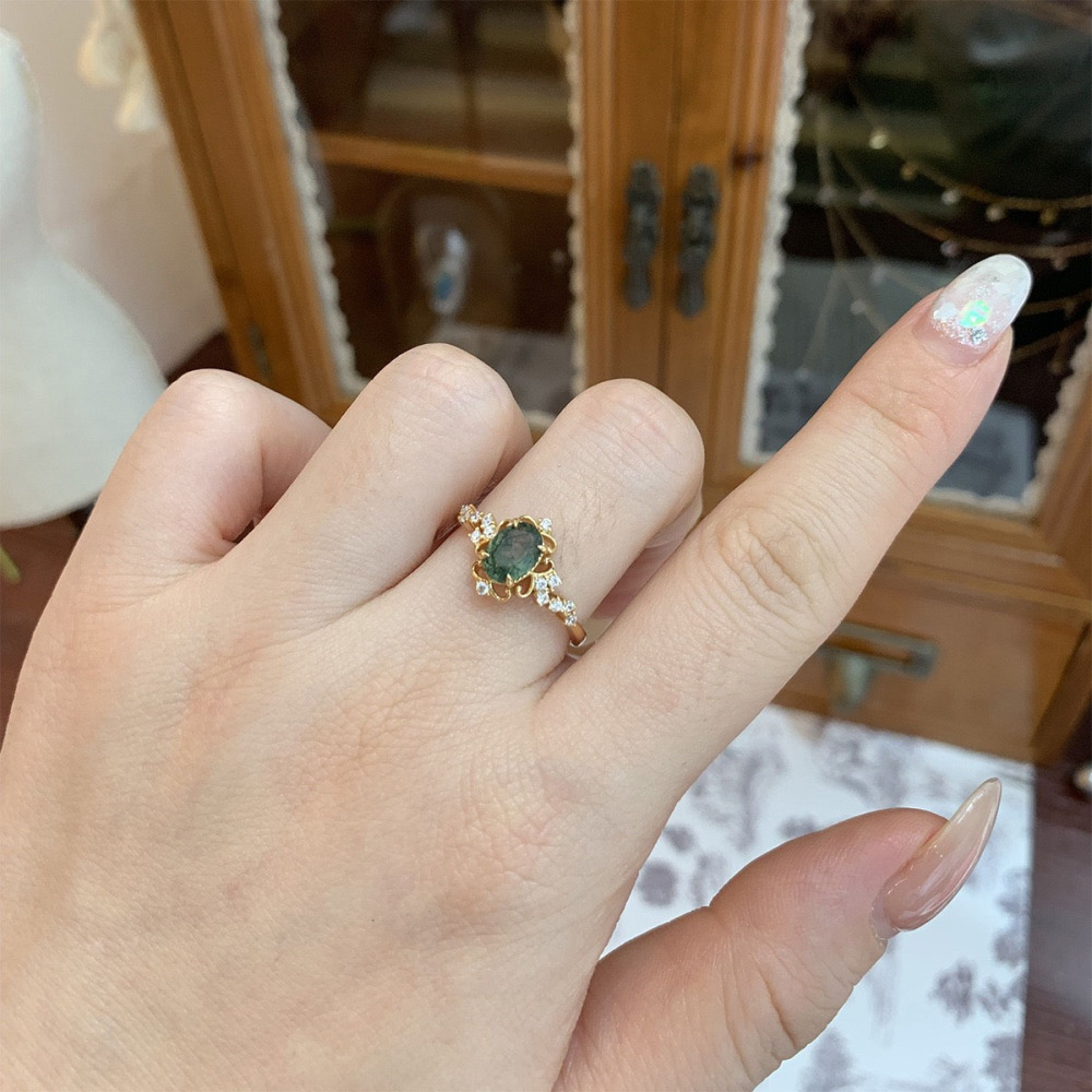 Vintage Filigree Moss Agate Ring | Gold Plated 925 Sterling Silver Oval Green Gemstone Anniversary Jewelry