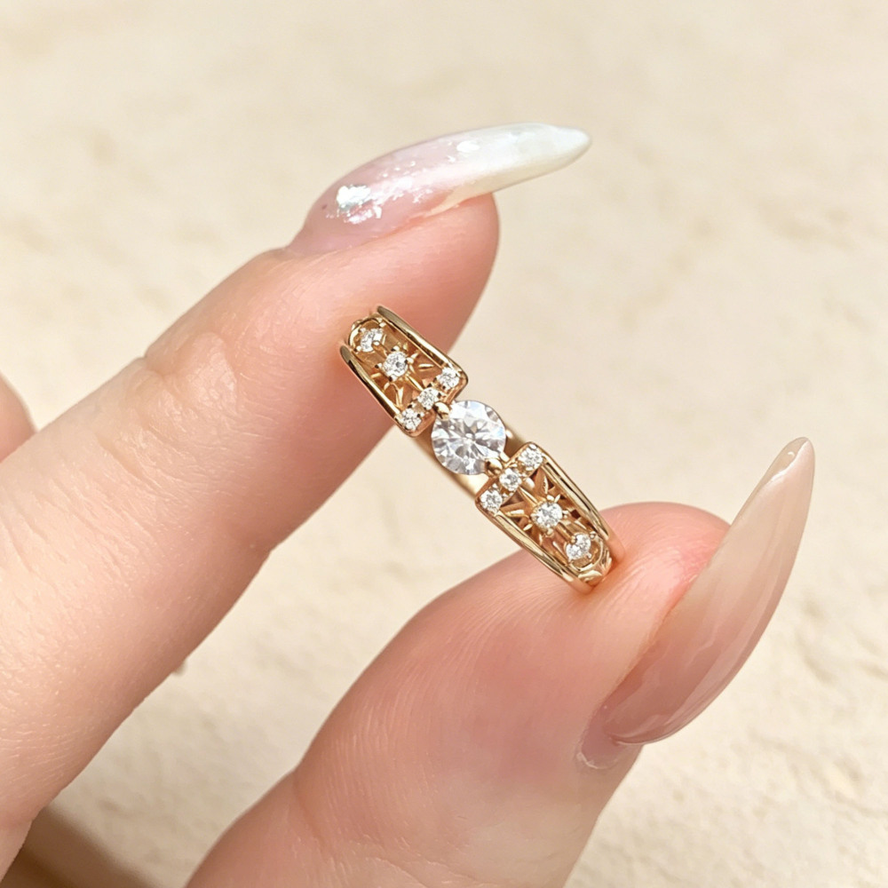 Round Moissanite Engagement Ring 925 Sterling Silver Gold Plated Vintage Hollow Filigree Promise Wedding Band For Women