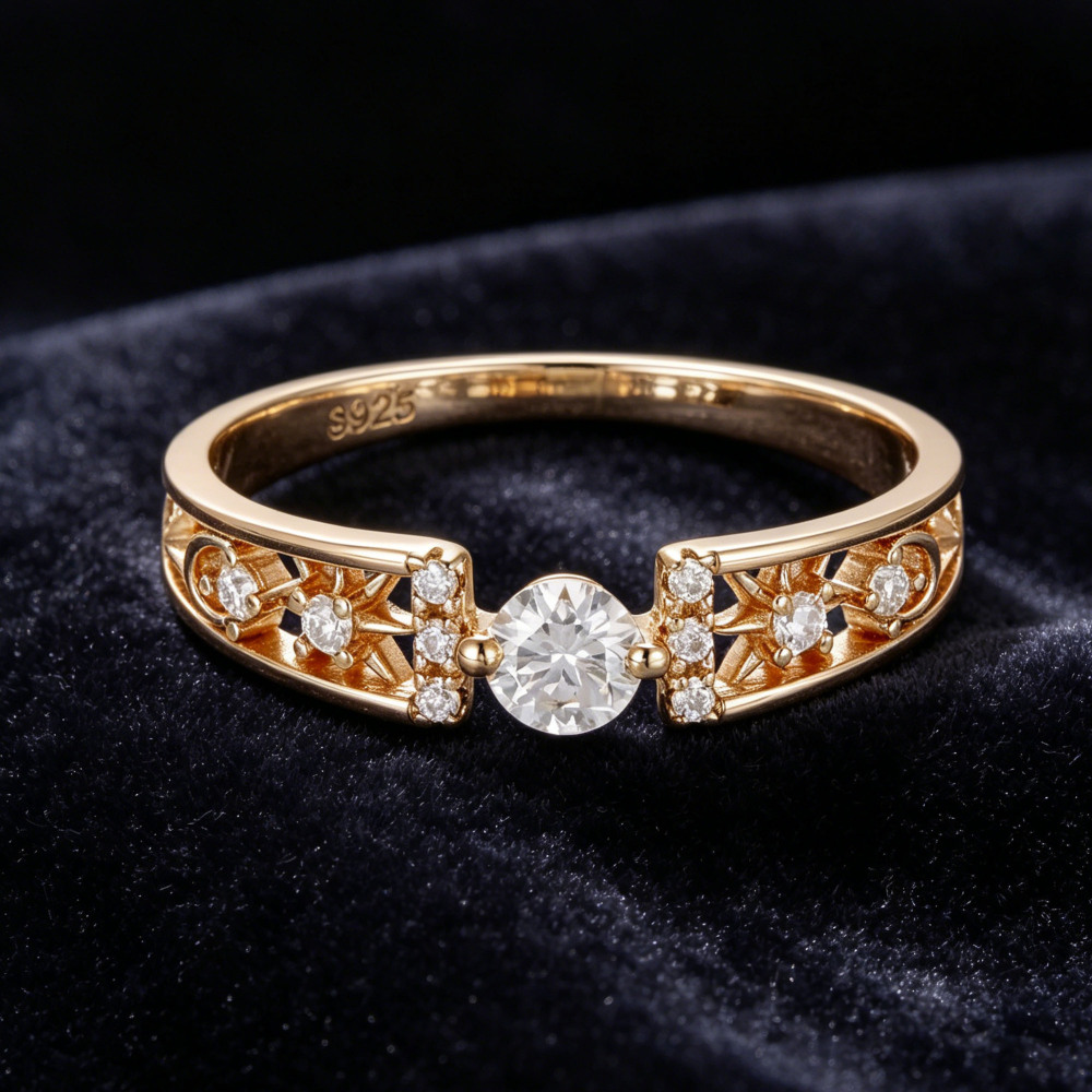 Round Moissanite Engagement Ring 925 Sterling Silver Gold Plated Vintage Hollow Filigree Promise Wedding Band For Women