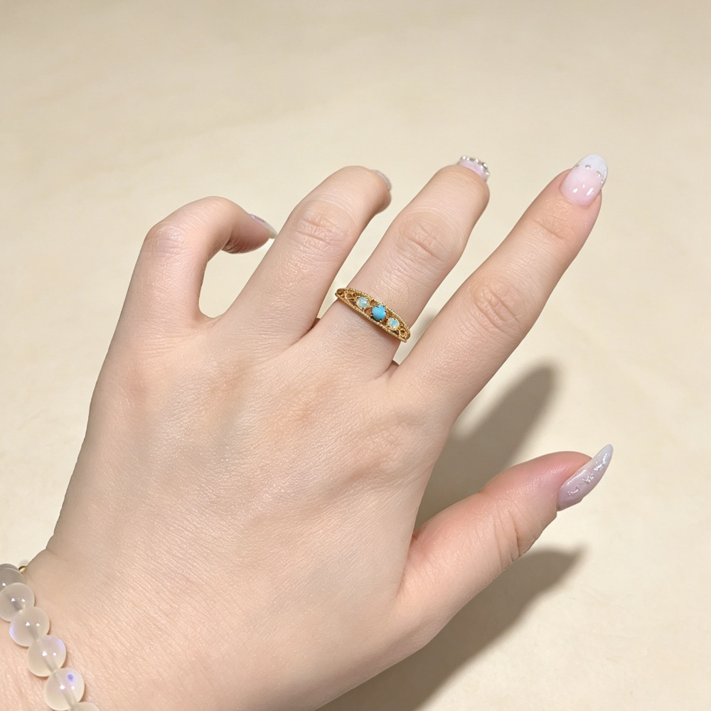 Three-Stone Opal Amazonite Stackable Band Ring 925 Sterling Silver Gold Plated Vintage Hollow Filigree Wedding Promise Ring For Women