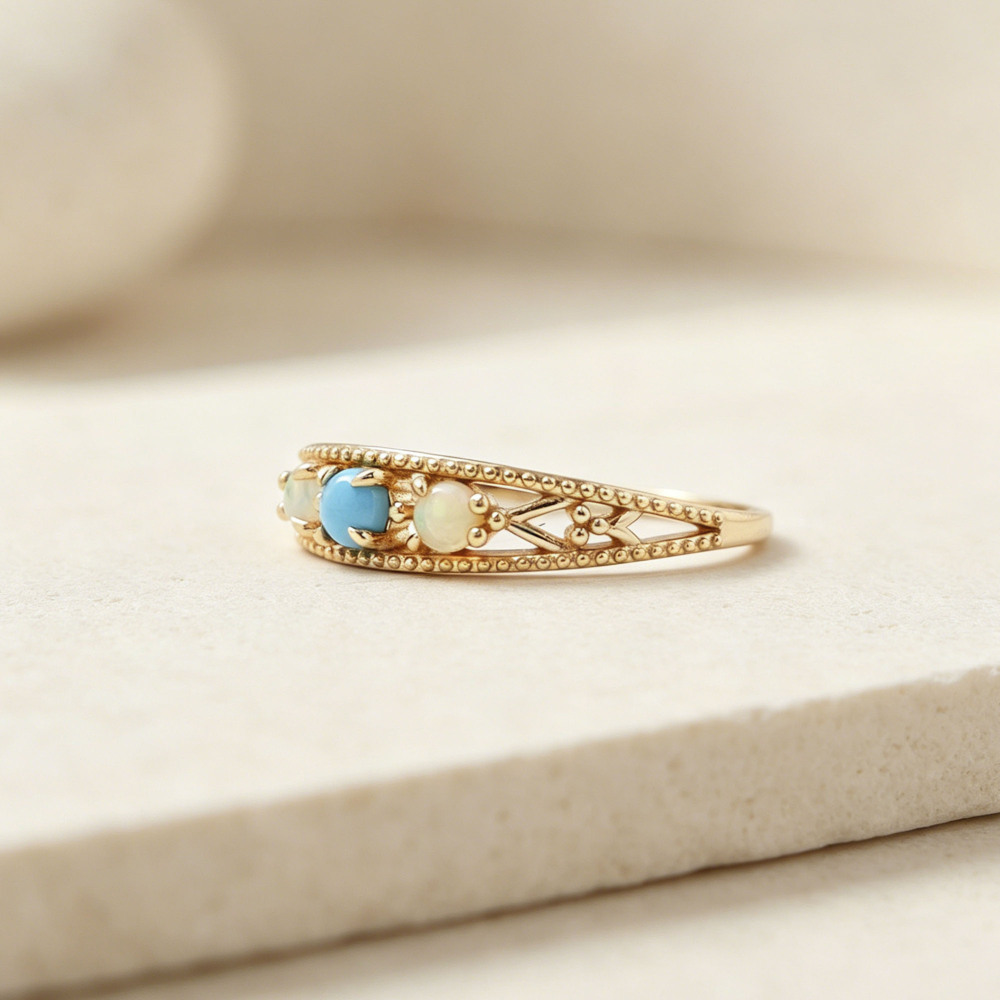 Three-Stone Opal Amazonite Stackable Band Ring 925 Sterling Silver Gold Plated Vintage Hollow Filigree Wedding Promise Ring For Women