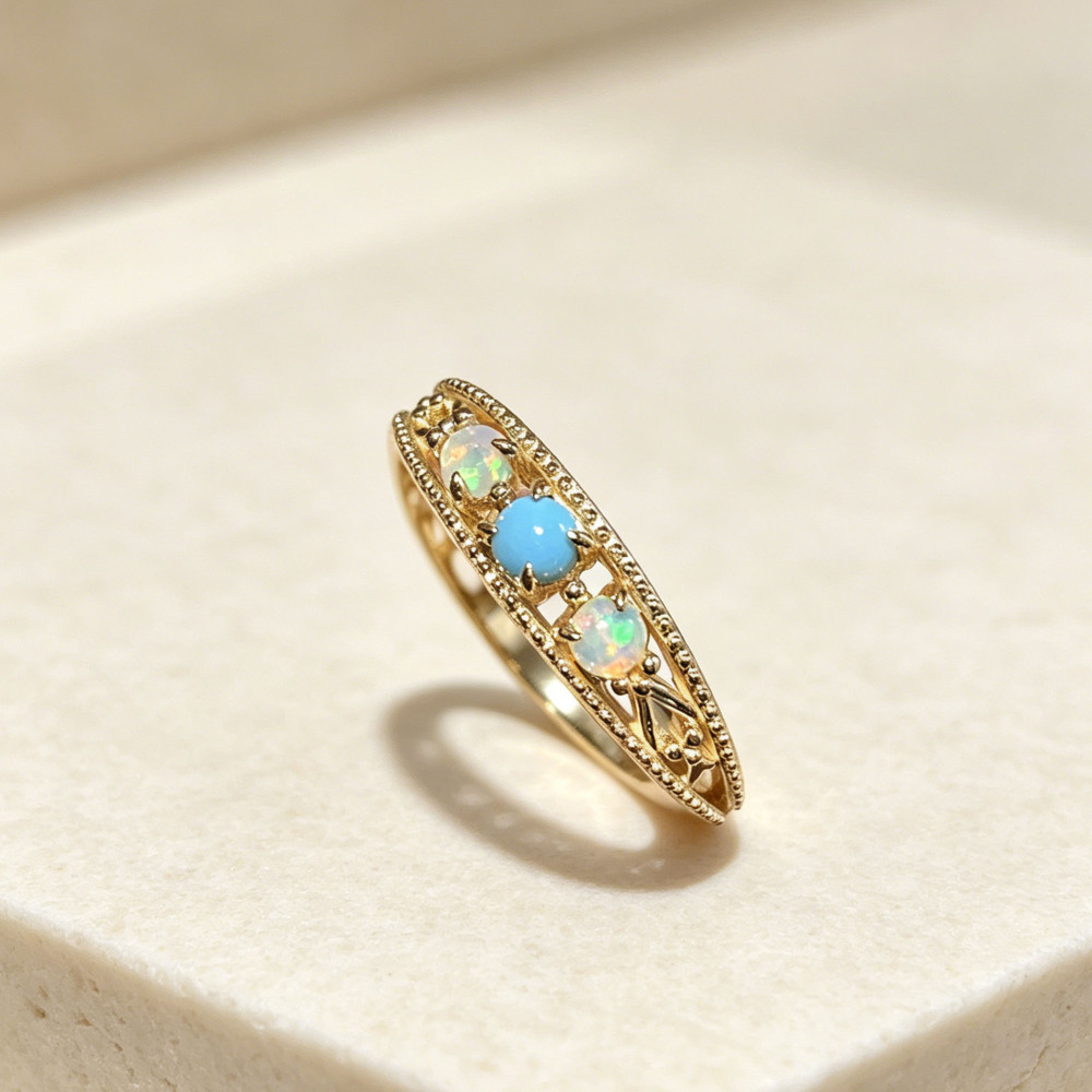 Three-Stone Opal Amazonite Stackable Band Ring 925 Sterling Silver Gold Plated Vintage Hollow Filigree Wedding Promise Ring For Women