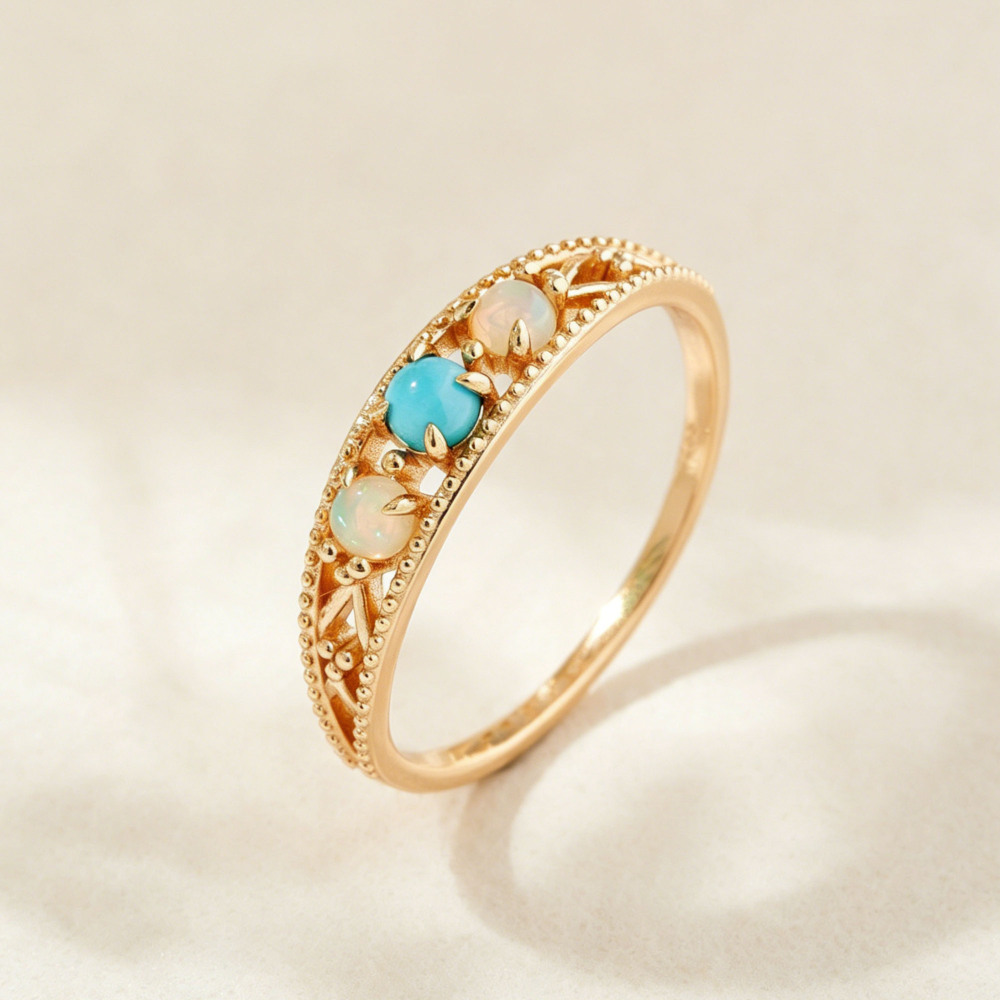 Three-Stone Opal Amazonite Stackable Band Ring 925 Sterling Silver Gold Plated Vintage Hollow Filigree Wedding Promise Ring For Women
