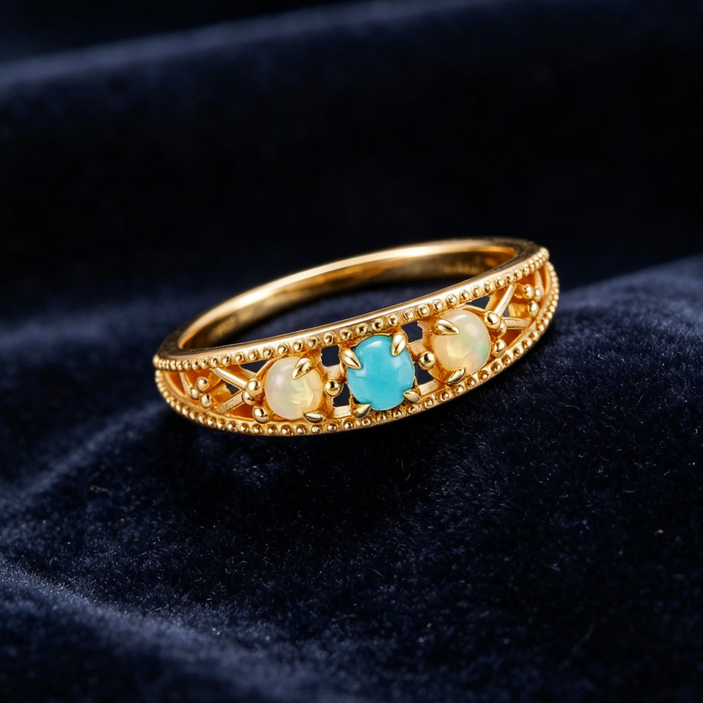 Three-Stone Opal Amazonite Stackable Band Ring 925 Sterling Silver Gold Plated Vintage Hollow Filigree Wedding Promise Ring For Women
