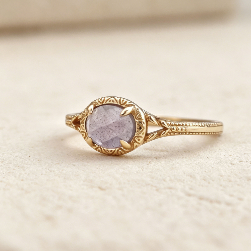Oval Natural Labradorite Amethyst Ring 925 Sterling Silver Gold Plated Vintage Milgrain Filigree Promise Stackable Ring For Women