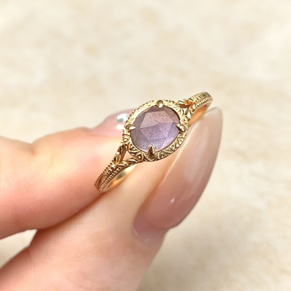 Oval Natural Labradorite Amethyst Ring 925 Sterling Silver Gold Plated Vintage Milgrain Filigree Promise Stackable Ring For Women