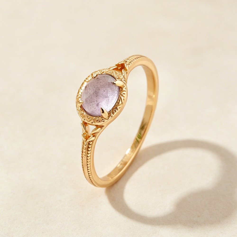 Oval Natural Labradorite Amethyst Ring 925 Sterling Silver Gold Plated Vintage Milgrain Filigree Promise Stackable Ring For Women