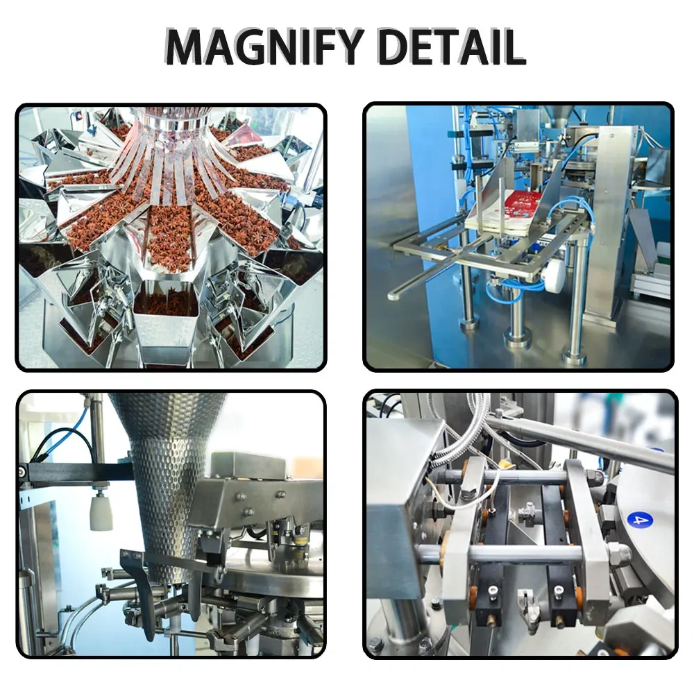 High-Speed Granule Pre-made Bag Packaging Machine Snacks Nuts Chips Dried Fruits Raisins Gummy Candy Biscuits Cookie Meat Jerky