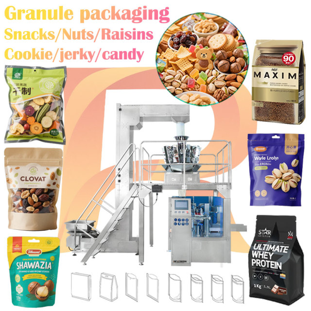 High-Speed Granule Pre-made Bag Packaging Machine Snacks Nuts Chips Dried Fruits Raisins Gummy Candy Biscuits Cookie Meat Jerky