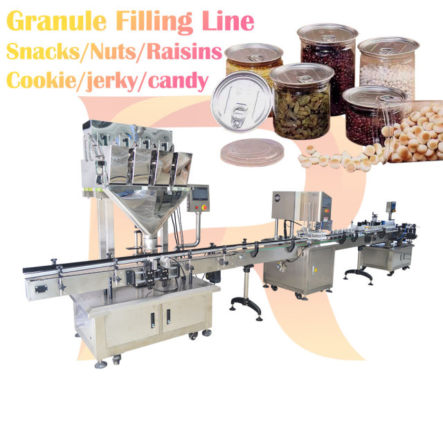 Granules Can Bottle Filling Sealing Labeling Machine Production Line for Plastic Jar Canned Food Millet Nuts Beans Cookies Candy