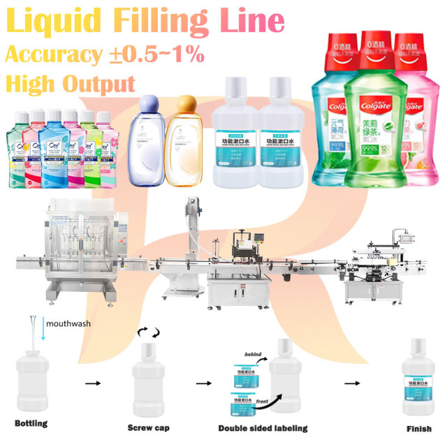 Automatic Mouthwash Filling Line Double-Side Labeling Capping Bottling System for 50ml-1000ml Bottles PLC Control Customizable