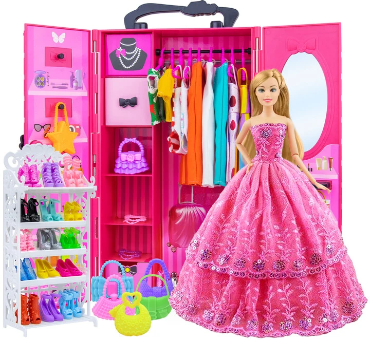 Ecore Fun Fashion Doll Closet Wardrobe for Doll Clothes and Accessories Storage - Lot 102 Items Include Clothes, Dresses, Shoes, Bags, Necklace, Shoes