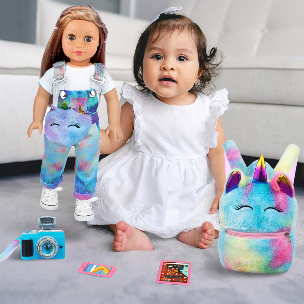ZITA ELEMENT 7 Pcs American 18 Inch Doll Clothes and Accessories - 18 Inch Doll Clothes Set with Doll Backpack,Waist Bag,Cell Phone,Tablet Phone,Camer