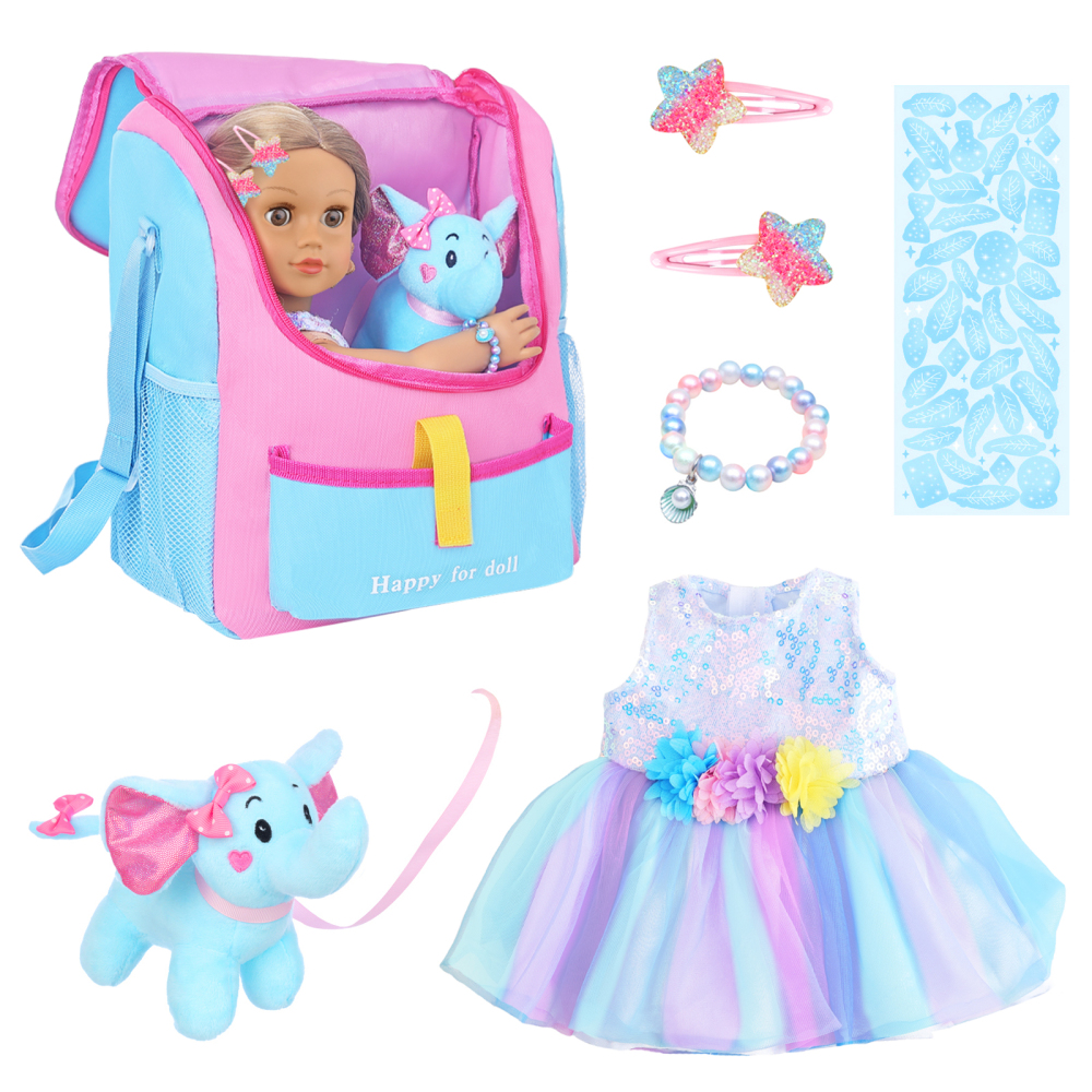 UNICORN ELEMENT 18 Inch Girl Doll Accessories with Doll Carrier Bag + Dress + 2 Hairpins + Blue Sticker + Bracelets + Toy Elephant, Baby Doll Clothes