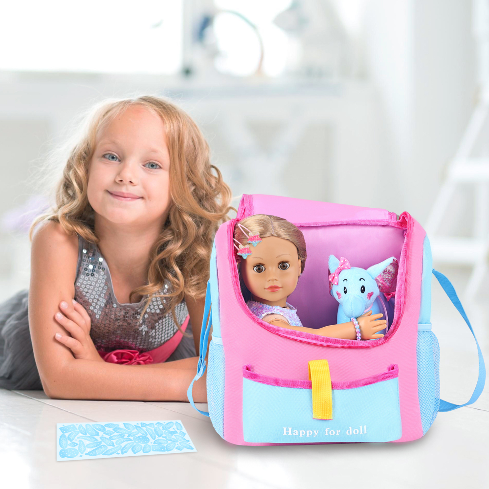 UNICORN ELEMENT 18 Inch Girl Doll Accessories with Doll Carrier Bag + Dress + 2 Hairpins + Blue Sticker + Bracelets + Toy Elephant, Baby Doll Clothes