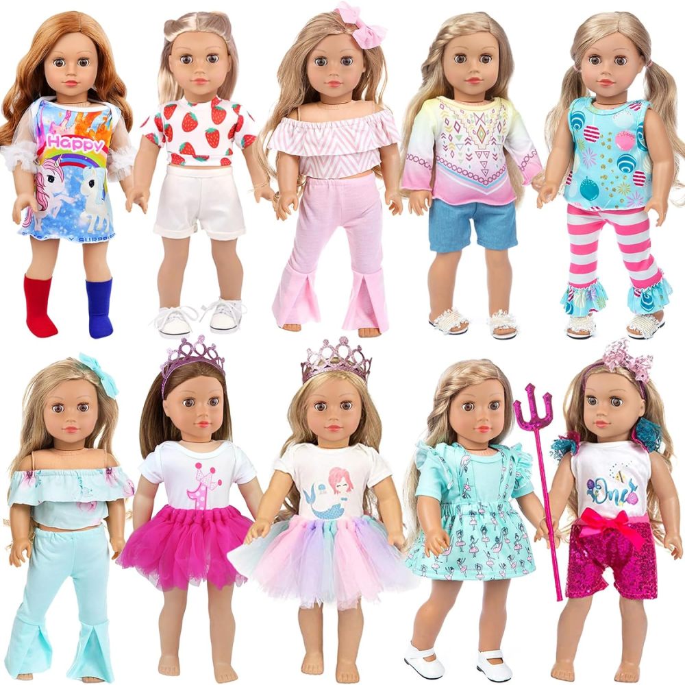 Ecore Fun Ramdon 10 Sets 18 Inch Doll Clothes Outfits Pajamas Dresses Hair Clips for 18 Inch Girl Doll