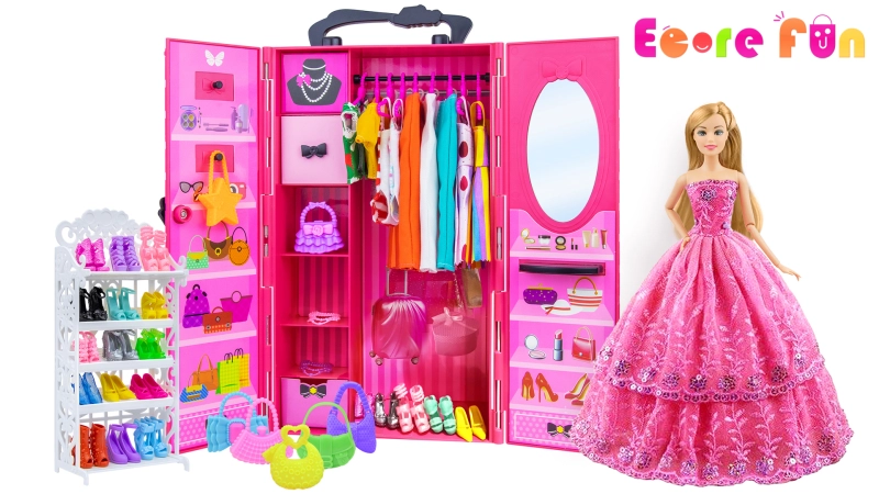 Ecore Fun Fashion Doll Closet Wardrobe for Doll Clothes and Accessories Storage - Lot 102 Items Include Clothes, Dresses, Shoes, Bags, Necklace, Shoes