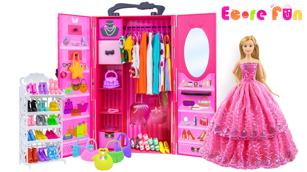 Ecore Fun Fashion Doll Closet Wardrobe for Doll Clothes and Accessories Storage - Lot 102 Items Include Clothes, Dresses, Shoes, Bags, Necklace, Shoes