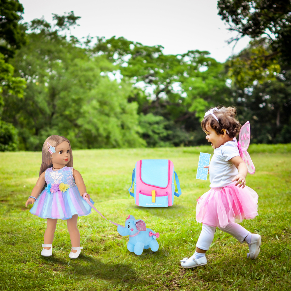 UNICORN ELEMENT 18 Inch Girl Doll Accessories with Doll Carrier Bag + Dress + 2 Hairpins + Blue Sticker + Bracelets + Toy Elephant, Baby Doll Clothes