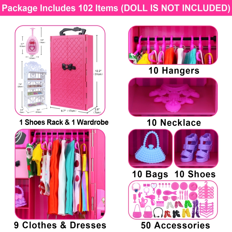 Ecore Fun Fashion Doll Closet Wardrobe for Doll Clothes and Accessories Storage - Lot 102 Items Include Clothes, Dresses, Shoes, Bags, Necklace, Shoes
