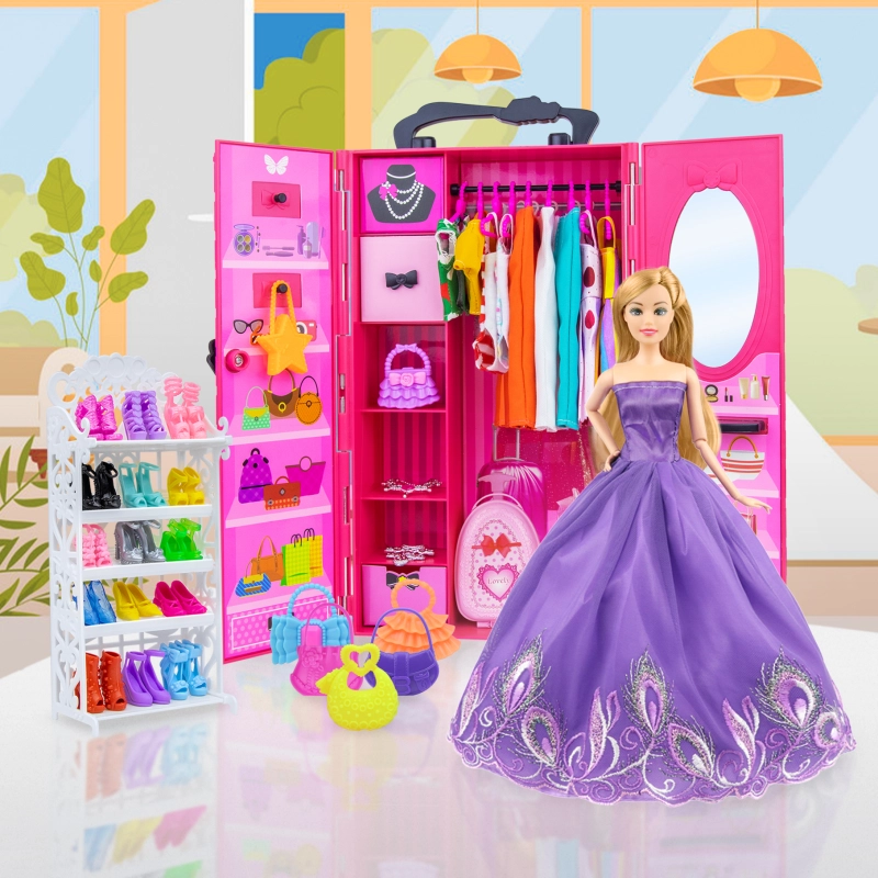 Ecore Fun Fashion Doll Closet Wardrobe for Doll Clothes and Accessories Storage - Lot 102 Items Include Clothes, Dresses, Shoes, Bags, Necklace, Shoes