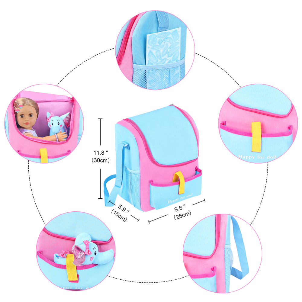 UNICORN ELEMENT 18 Inch Girl Doll Accessories with Doll Carrier Bag + Dress + 2 Hairpins + Blue Sticker + Bracelets + Toy Elephant, Baby Doll Clothes