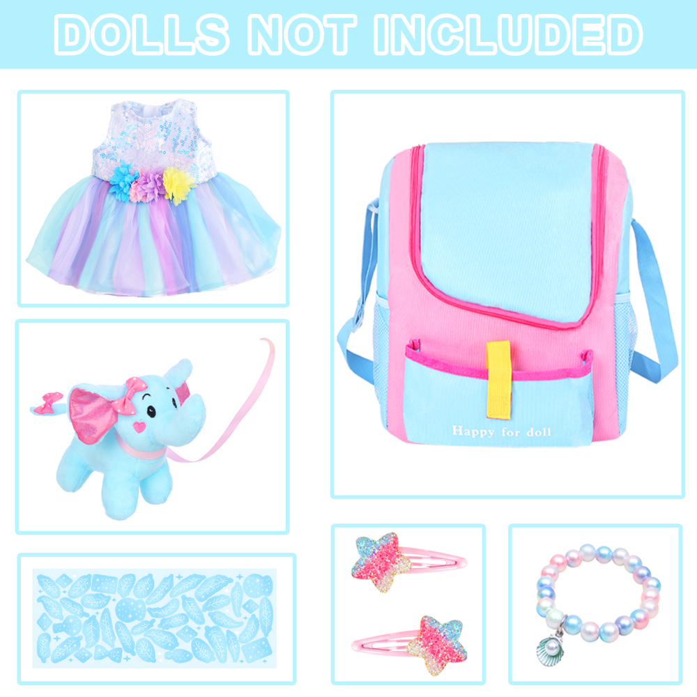 UNICORN ELEMENT 18 Inch Girl Doll Accessories with Doll Carrier Bag + Dress + 2 Hairpins + Blue Sticker + Bracelets + Toy Elephant, Baby Doll Clothes