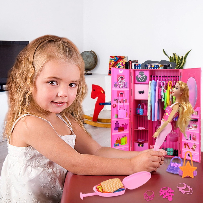 Ecore Fun Fashion Doll Closet Wardrobe for Doll Clothes and Accessories Storage - Lot 102 Items Include Clothes, Dresses, Shoes, Bags, Necklace, Shoes