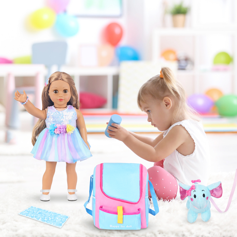 UNICORN ELEMENT 18 Inch Girl Doll Accessories with Doll Carrier Bag + Dress + 2 Hairpins + Blue Sticker + Bracelets + Toy Elephant, Baby Doll Clothes