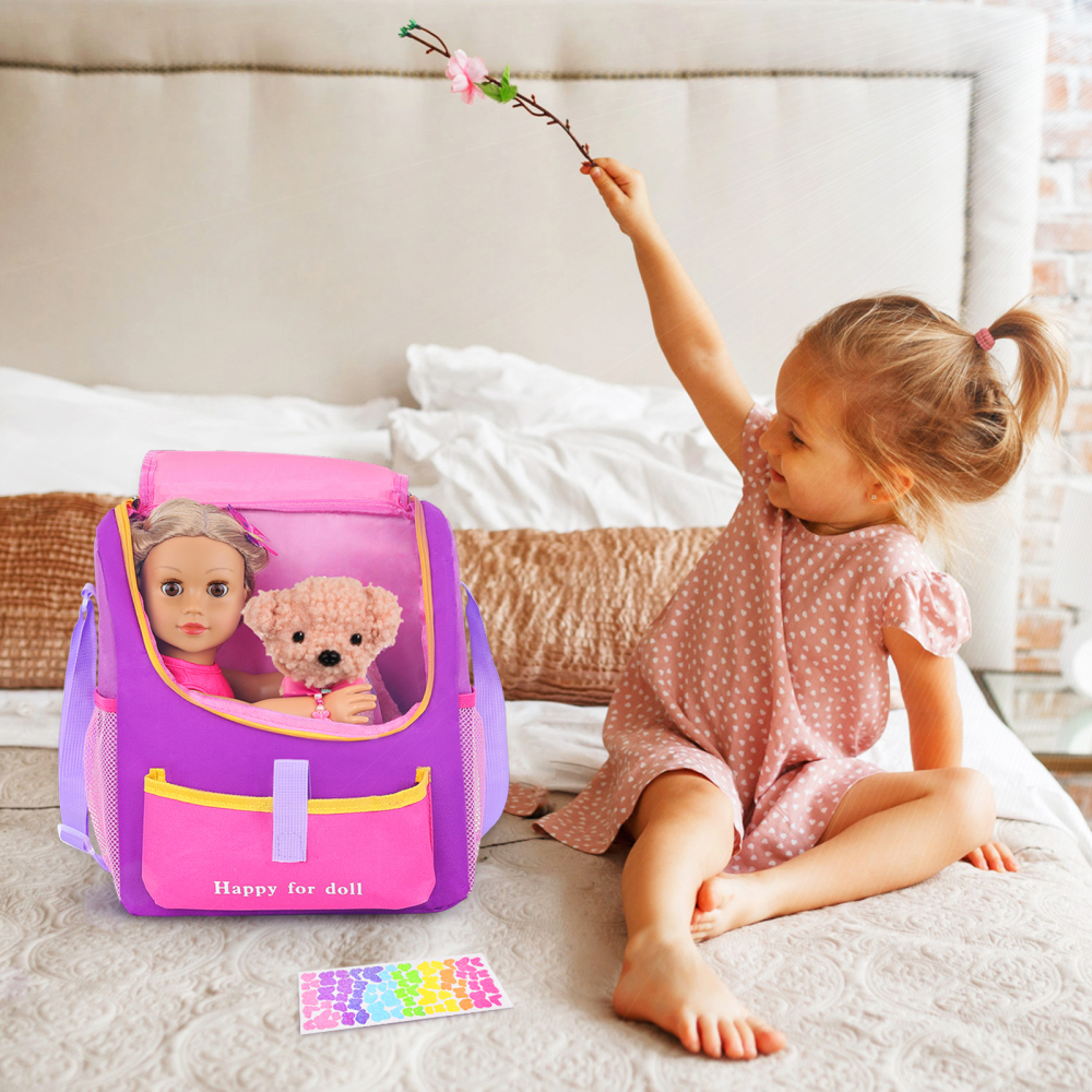 7 Items 18 Inch Dolls Bag Carrier Set and Doll Accessories Including 18 Inch Doll Clothes, Sticker, Butterfly Hairpin, Bracelet and Toy Dog for 18 Inc