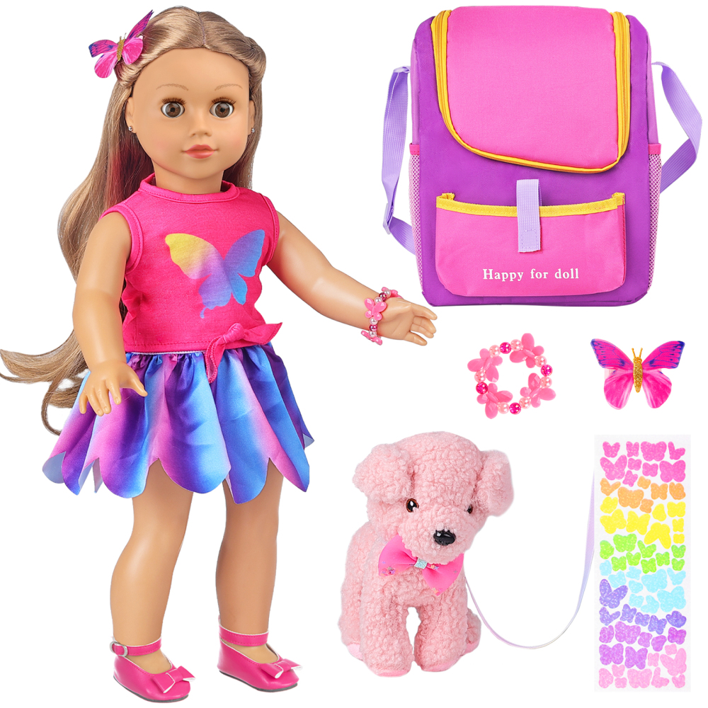 7 Items 18 Inch Dolls Bag Carrier Set and Doll Accessories Including 18 Inch Doll Clothes, Sticker, Butterfly Hairpin, Bracelet and Toy Dog for 18 Inc