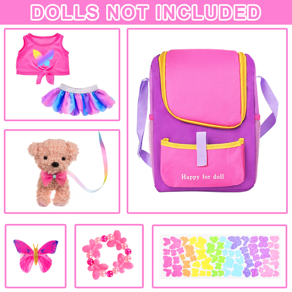 7 Items 18 Inch Dolls Bag Carrier Set and Doll Accessories Including 18 Inch Doll Clothes, Sticker, Butterfly Hairpin, Bracelet and Toy Dog for 18 Inc