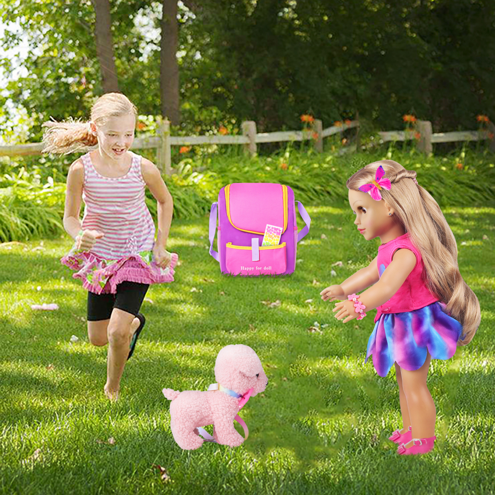 7 Items 18 Inch Dolls Bag Carrier Set and Doll Accessories Including 18 Inch Doll Clothes, Sticker, Butterfly Hairpin, Bracelet and Toy Dog for 18 Inc