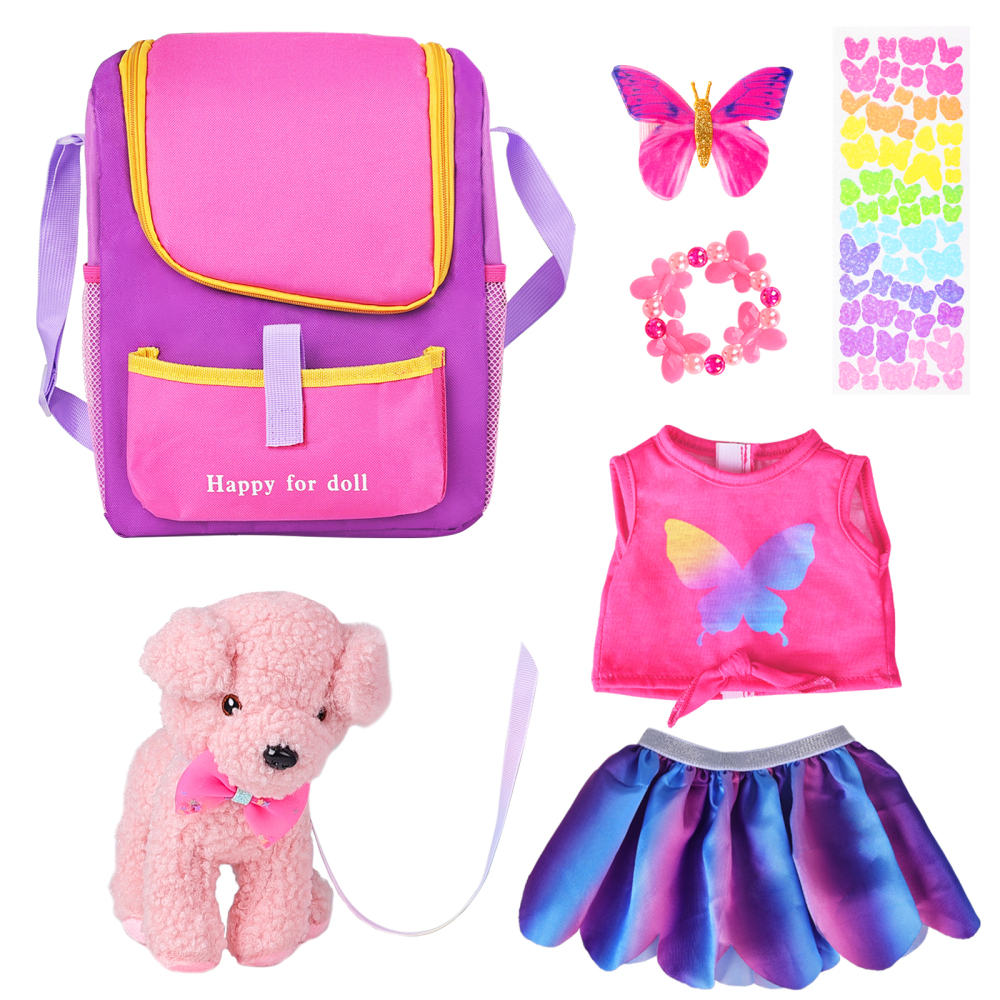 7 Items 18 Inch Dolls Bag Carrier Set and Doll Accessories Including 18 Inch Doll Clothes, Sticker, Butterfly Hairpin, Bracelet and Toy Dog for 18 Inc