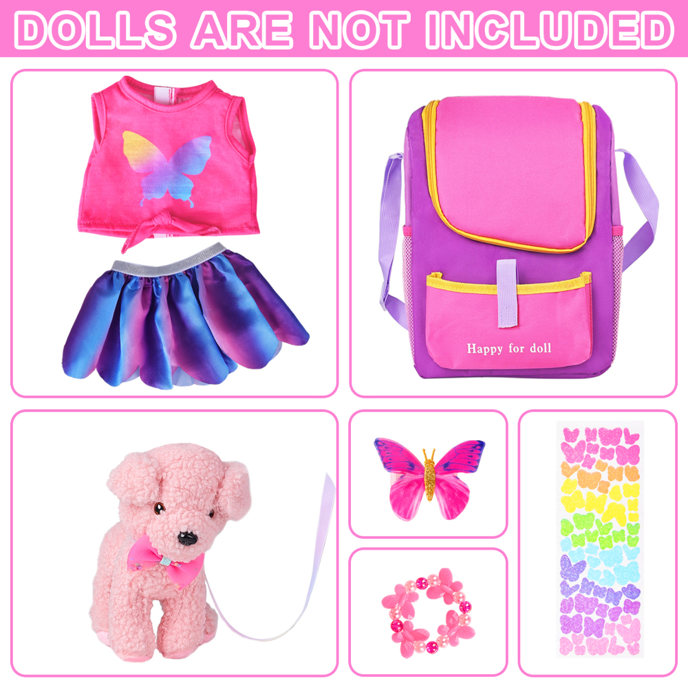 7 Items 18 Inch Dolls Bag Carrier Set and Doll Accessories Including 18 Inch Doll Clothes, Sticker, Butterfly Hairpin, Bracelet and Toy Dog for 18 Inc