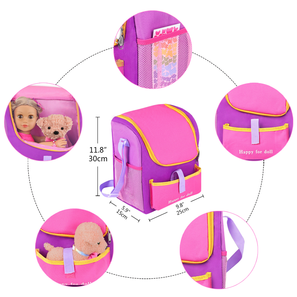 7 Items 18 Inch Dolls Bag Carrier Set and Doll Accessories Including 18 Inch Doll Clothes, Sticker, Butterfly Hairpin, Bracelet and Toy Dog for 18 Inc