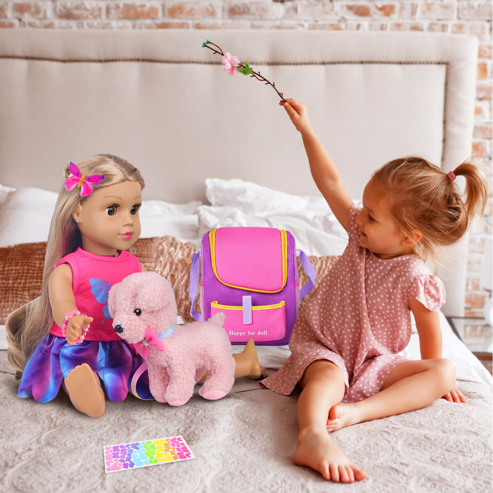 7 Items 18 Inch Dolls Bag Carrier Set and Doll Accessories Including 18 Inch Doll Clothes, Sticker, Butterfly Hairpin, Bracelet and Toy Dog for 18 Inc