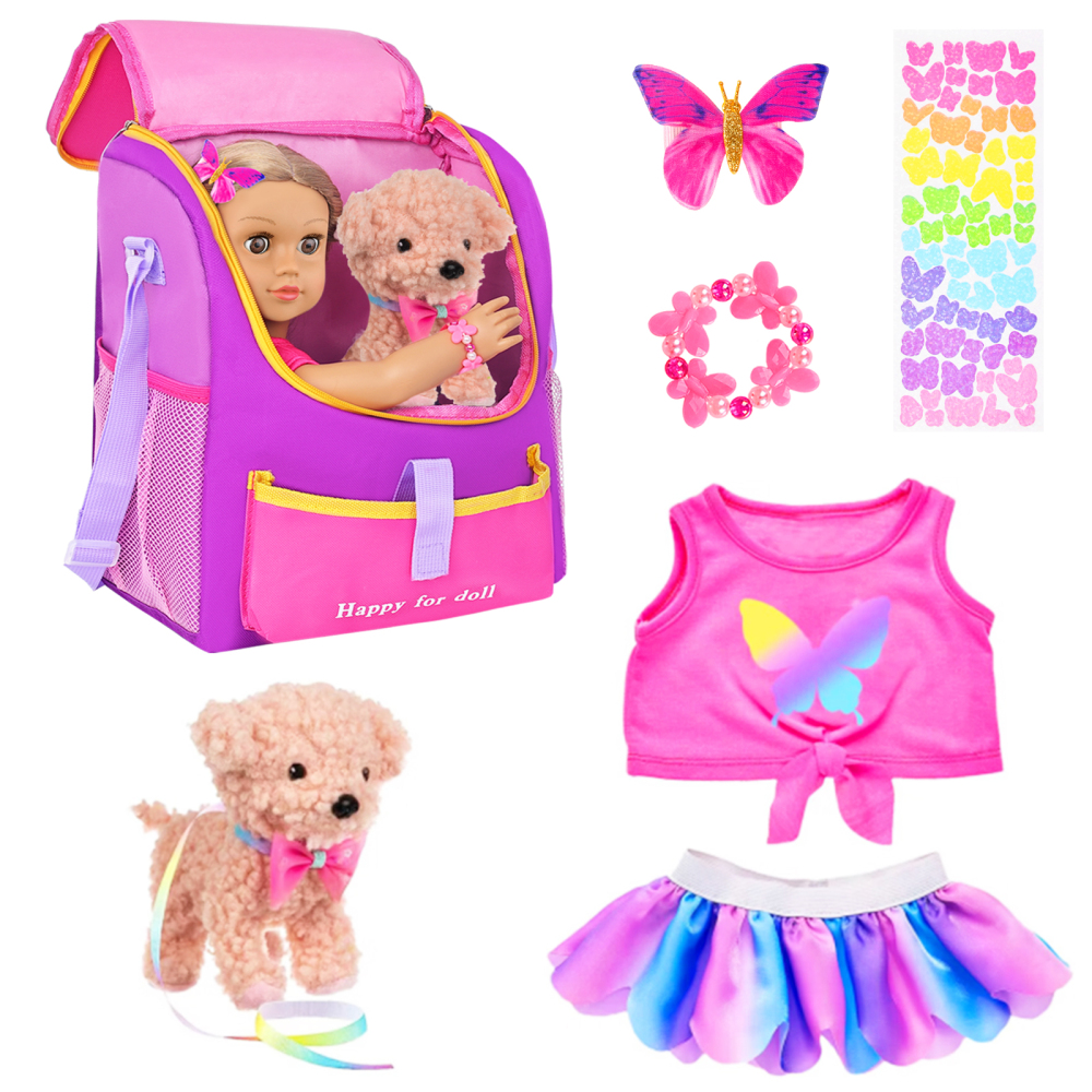7 Items 18 Inch Dolls Bag Carrier Set and Doll Accessories Including 18 Inch Doll Clothes, Sticker, Butterfly Hairpin, Bracelet and Toy Dog for 18 Inc