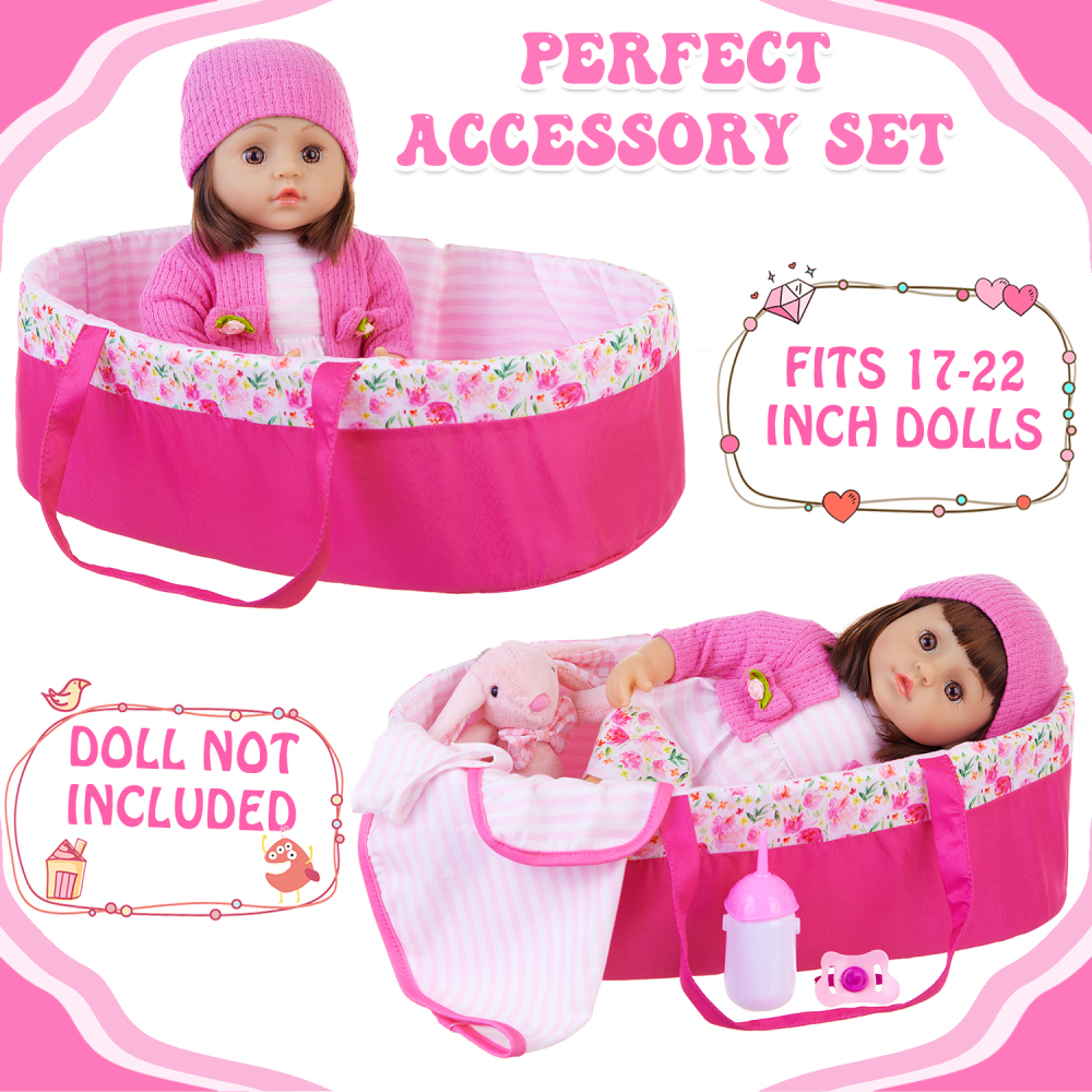 10 Pcs Baby Doll Clothes with Bassinet for 17-22 inch Baby Doll, Baby Doll Reborn Outfit Clothes Accessories Including Bib Nursing Bottle Rubber Pacif
