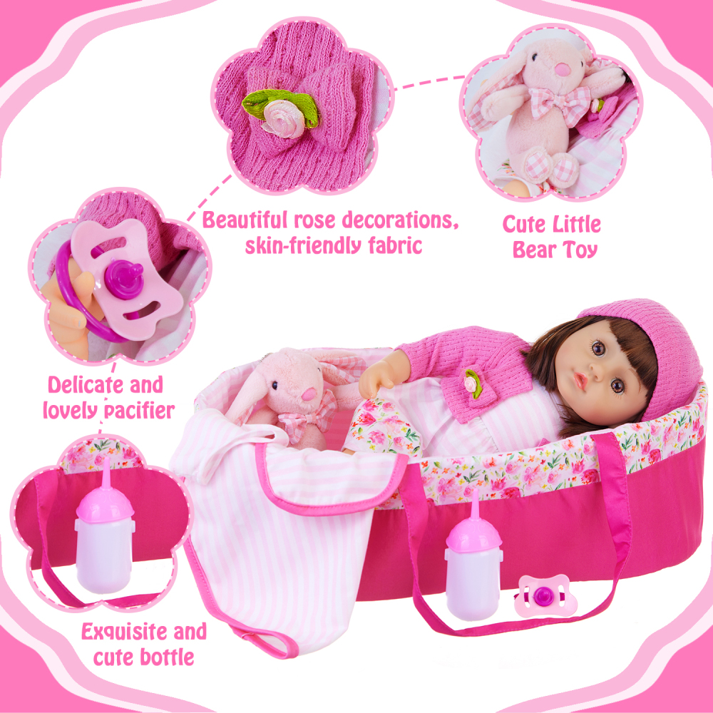 10 Pcs Baby Doll Clothes with Bassinet for 17-22 inch Baby Doll, Baby Doll Reborn Outfit Clothes Accessories Including Bib Nursing Bottle Rubber Pacif